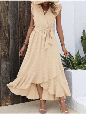 BTFBM Cream High-Low Ruffle Wrap Dress with Waist Tie